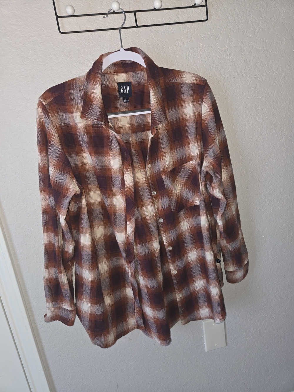 Gap Rust Brown Cream Purple Plaid Cotton Flannel Shirt Size L